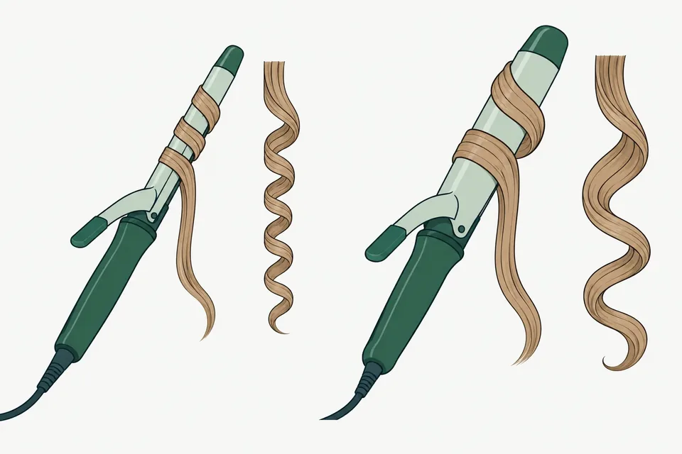 Locktång med en hårslinga lindad runt pipen och en färdig spirallock bredvid