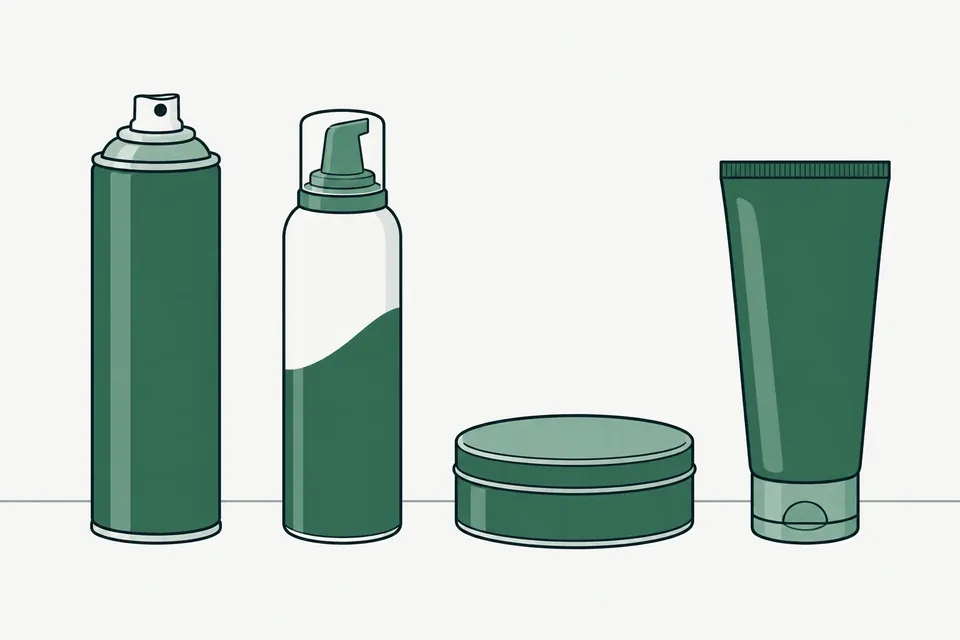 Fyra stylingprodukter i rad: spray, mousse, vax och gel